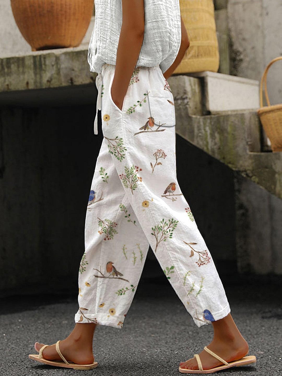 Women's Casual Cotton-Linen Trousers with Floral and Bird Print (With Pockets)