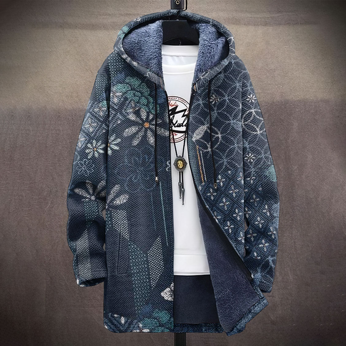 Vintage Japanese Traditional Sashiko Floral Art Pattern Art Cozy Hooded Cardigan