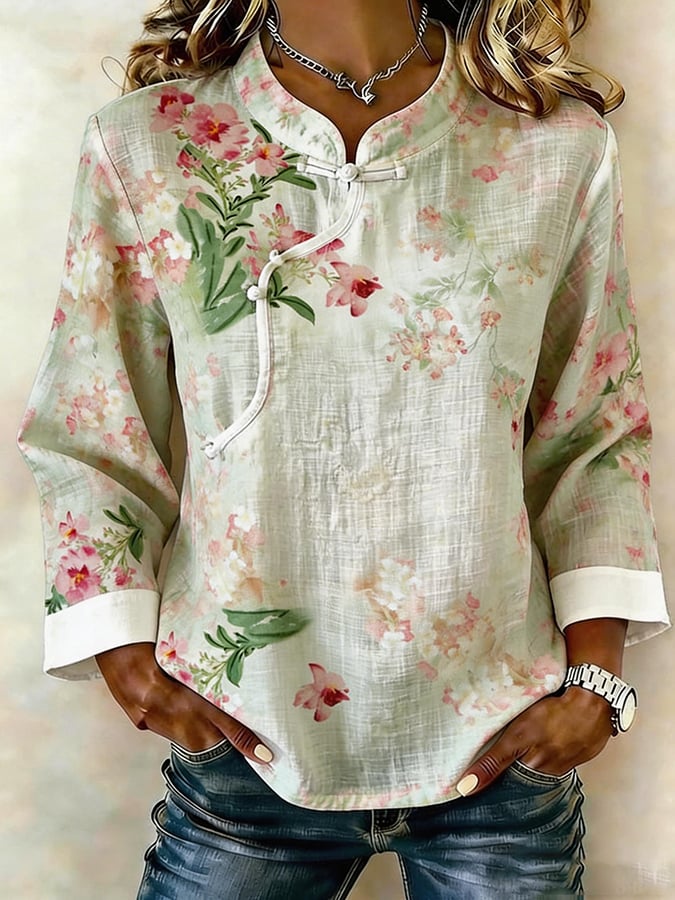 Women's Cotton And Linen Floral Print Shirt