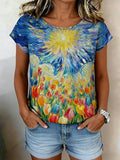 Women's Casual Oil Painting Cotton Linen Print Top