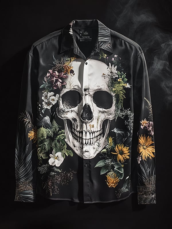 Men's Outdoor Vintage Skull and Floral Long Sleeve Shirt