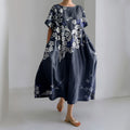 Women Japanese Art Plum Blossom Linen Blend Maxi Dress