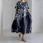 Women Japanese Art Plum Blossom Linen Blend Maxi Dress