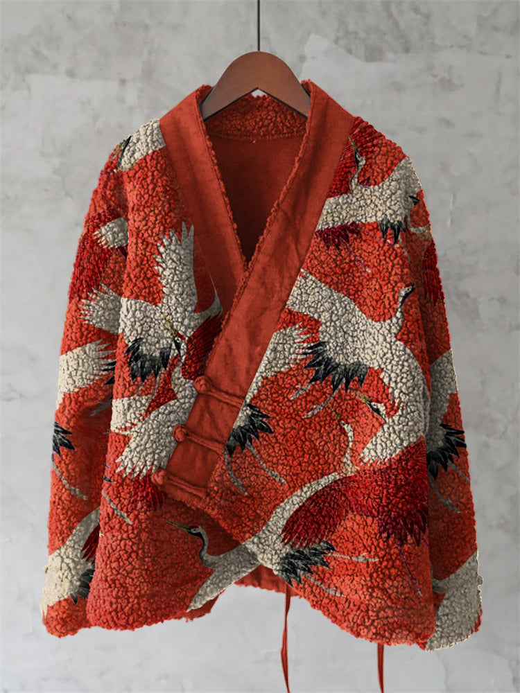 Japanese Style Crane Art Plush Cardigan