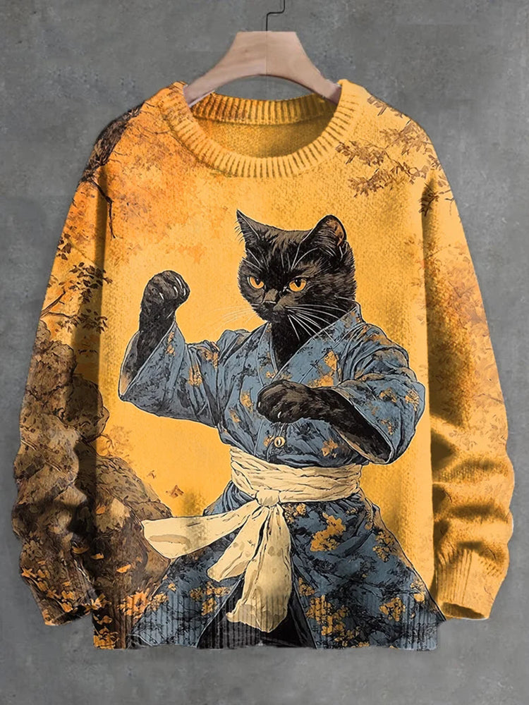 Men's Japanese Ukiyo-E Kung Fu Black Cat Casual Sweater
