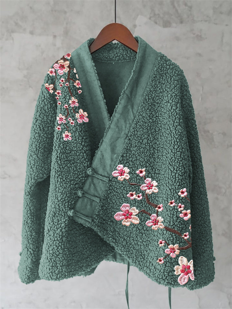 Cherry Blossom Branch Machine Embroidery Pattern Women's Plush Kimono Cardigan