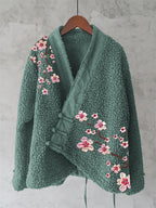 Cherry Blossom Branch Machine Embroidery Pattern Women's Plush Kimono Cardigan