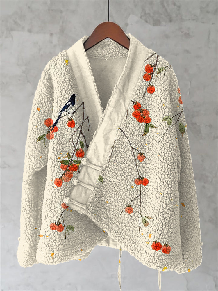 Magnolia Japanese Persimmon Art Cozy Fleece Kimono Cardigan