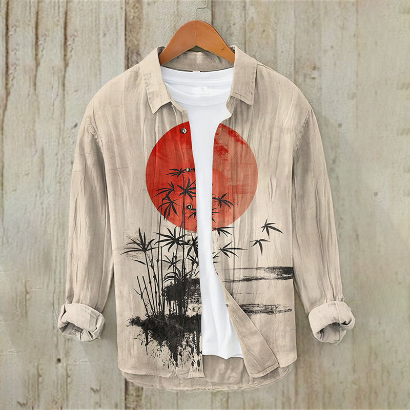 Men'S Japanese Art Button Down Linen Blend Shirt
