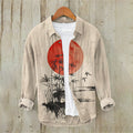 Men'S Japanese Art Button Down Linen Blend Shirt