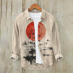 Men'S Japanese Art Button Down Linen Blend Shirt