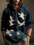 Men's Japanese Flying Cranes Art Linen Blend Cozy Hooded Shirt