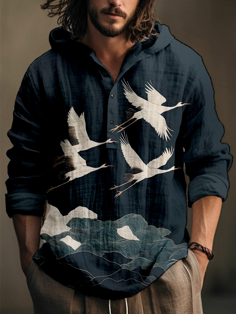 Men's Japanese Flying Cranes Art Linen Blend Cozy Hooded Shirt