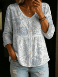 Women's Floral Pattern Art Print Casual Cotton Linen Shirt