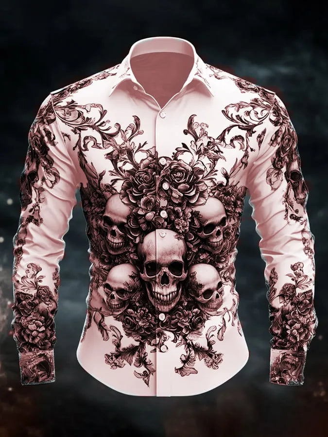 Men's Casual Vintage Brogue Skull Pattern Shirt