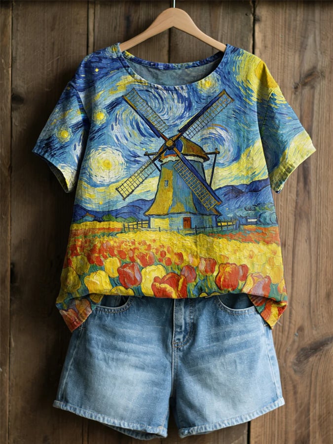 Women's Casual Oil Painting Cotton Linen Print Top
