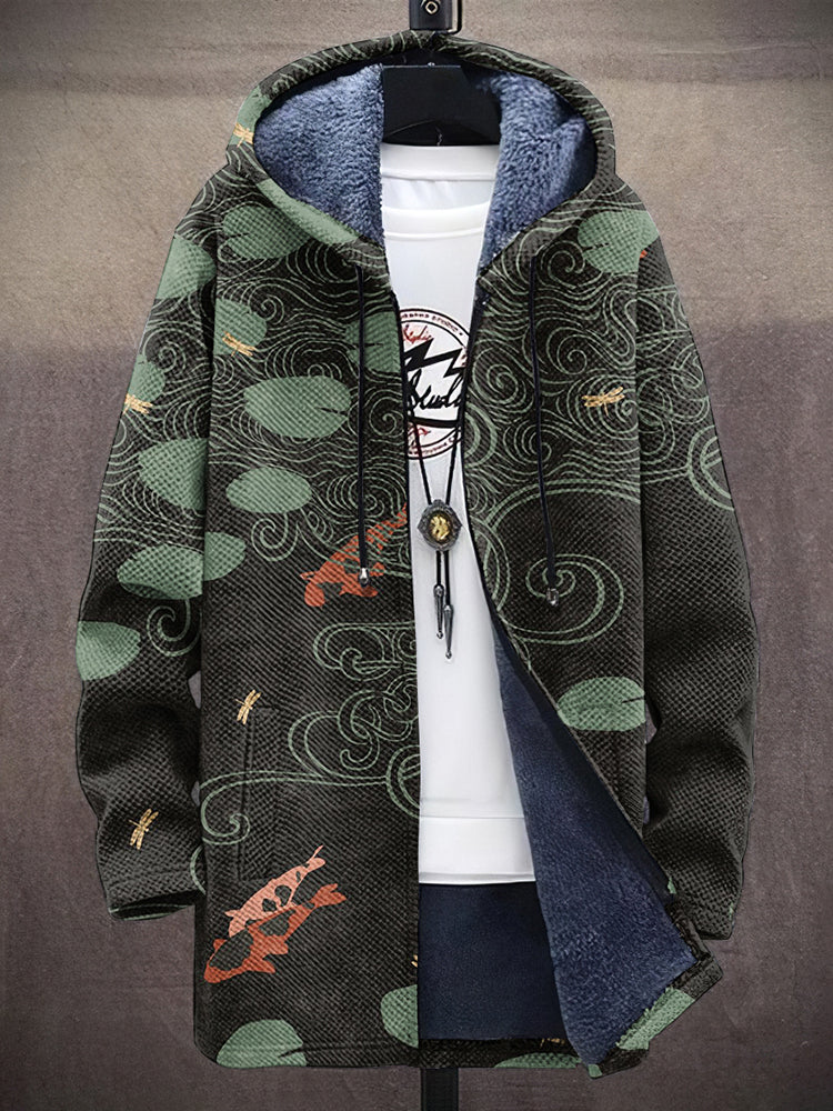 Japanese Koi Pond Wood Art Pattern Plush Men'S Jacket