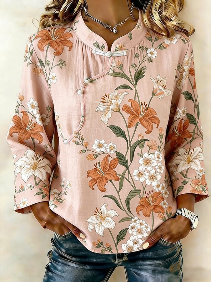 Women's Cotton And Linen Floral Print Shirt