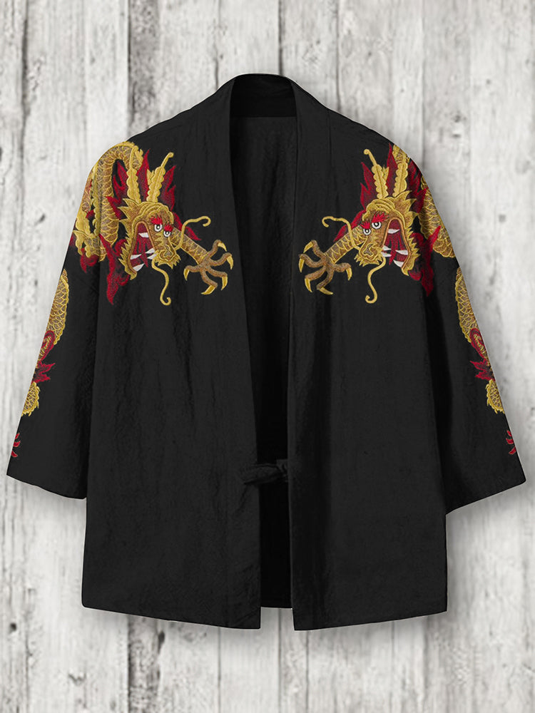 Men's Embroidery Dragon Art Linen Blend Kimono Cardigan