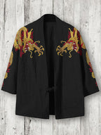 Men's Embroidery Dragon Art Linen Blend Kimono Cardigan