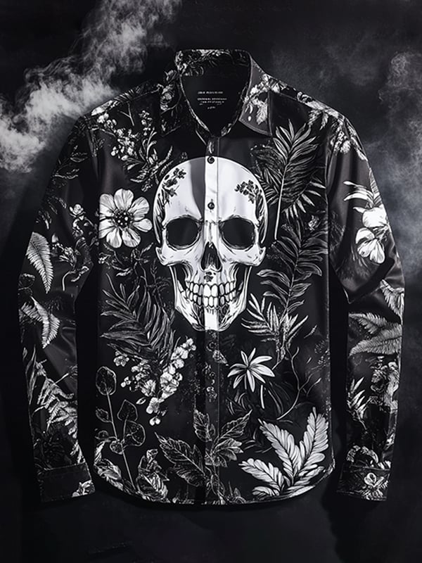Men's Outdoor Vintage Skull and Floral Long Sleeve Shirt