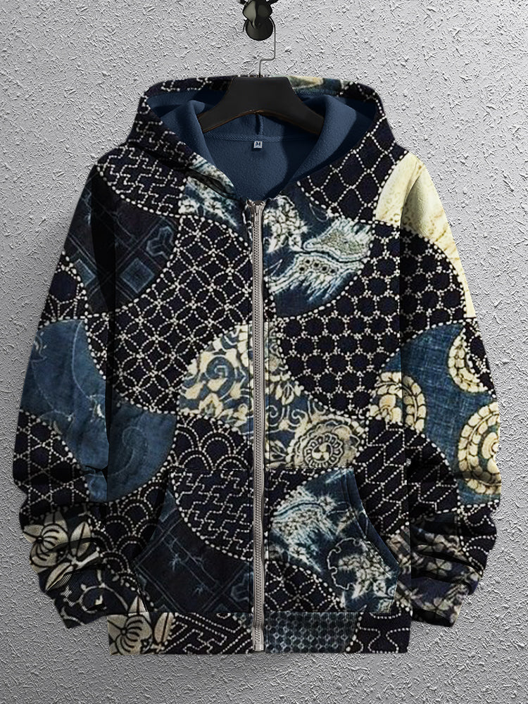 Men's Japanese Embroidered Fiber Art Full Zip Hoodie