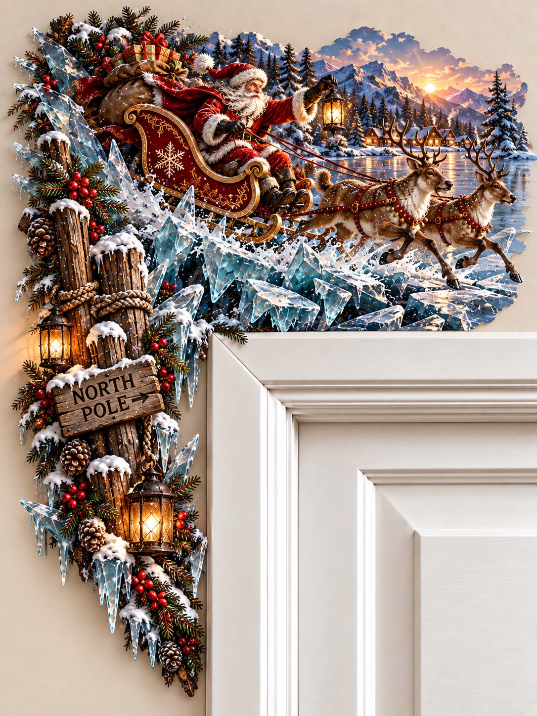 🎅 North Pole Santa Claus Sleigh and Reindeer Door Corner Decor 🎄