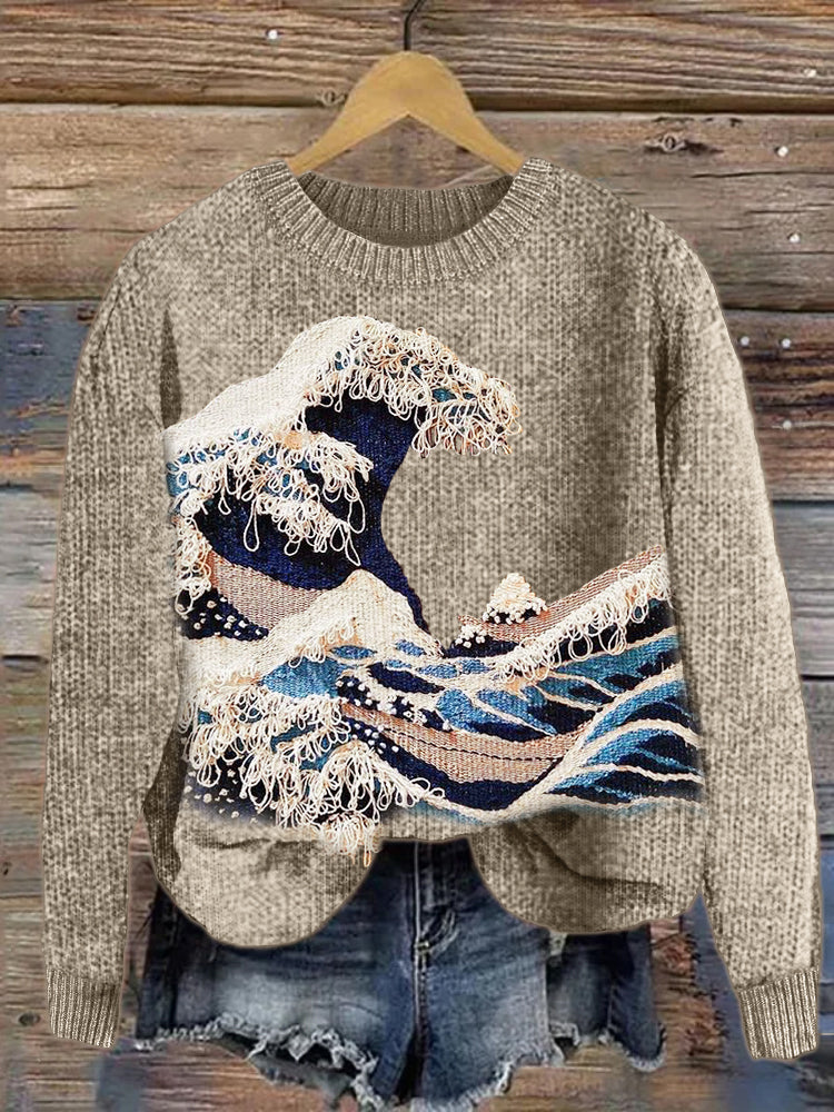 The Great Wave off Kanagawa Embroidery Cozy Knit Sweater