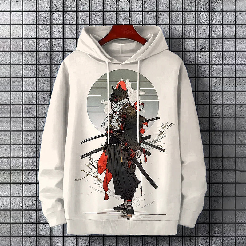 Men's Wolf Samurai Japanese Art Print Casual Hoodie