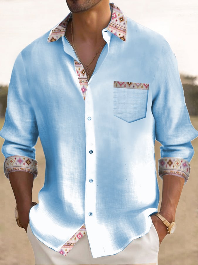Casual Fashion Printed Contrast Color Men's Long Sleeve Shirt