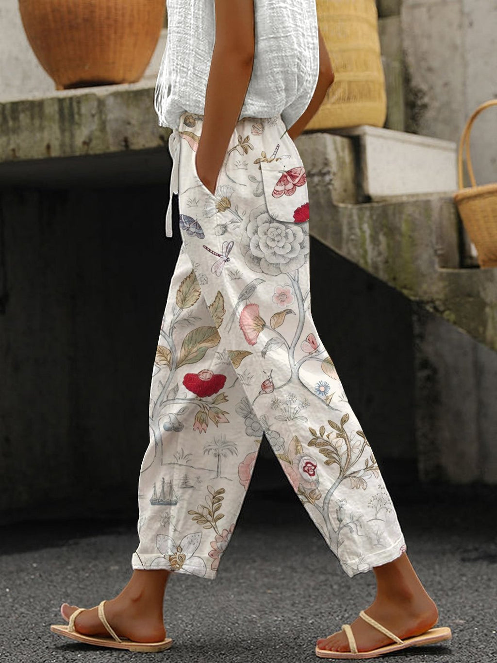 Women's Casual Floral Cotton-Linen Trousers (Spring) (With Pockets)