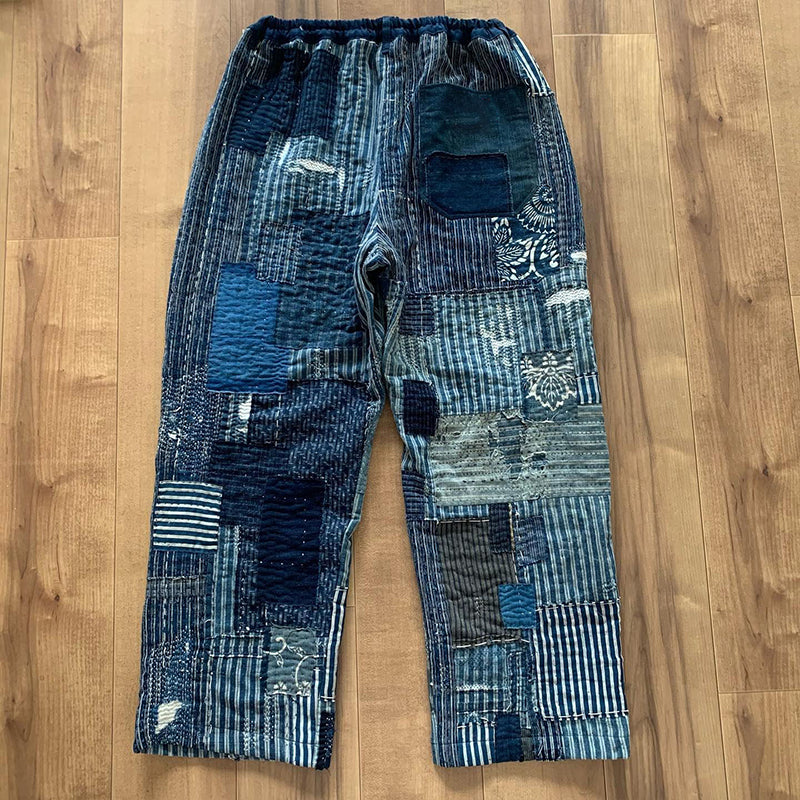 Indigo Striped Patchwork Linen Blend Casual Pants