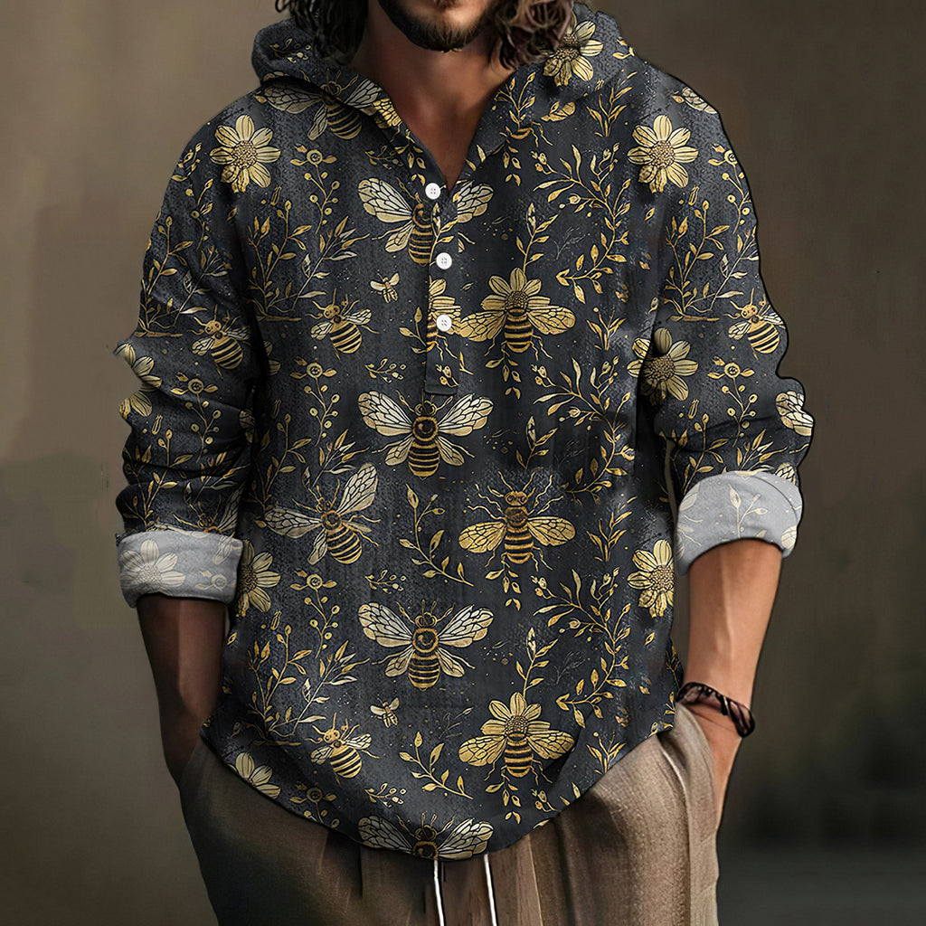 Men's Bees And Flowers Botanical Art Print Linen Hooded Shirt