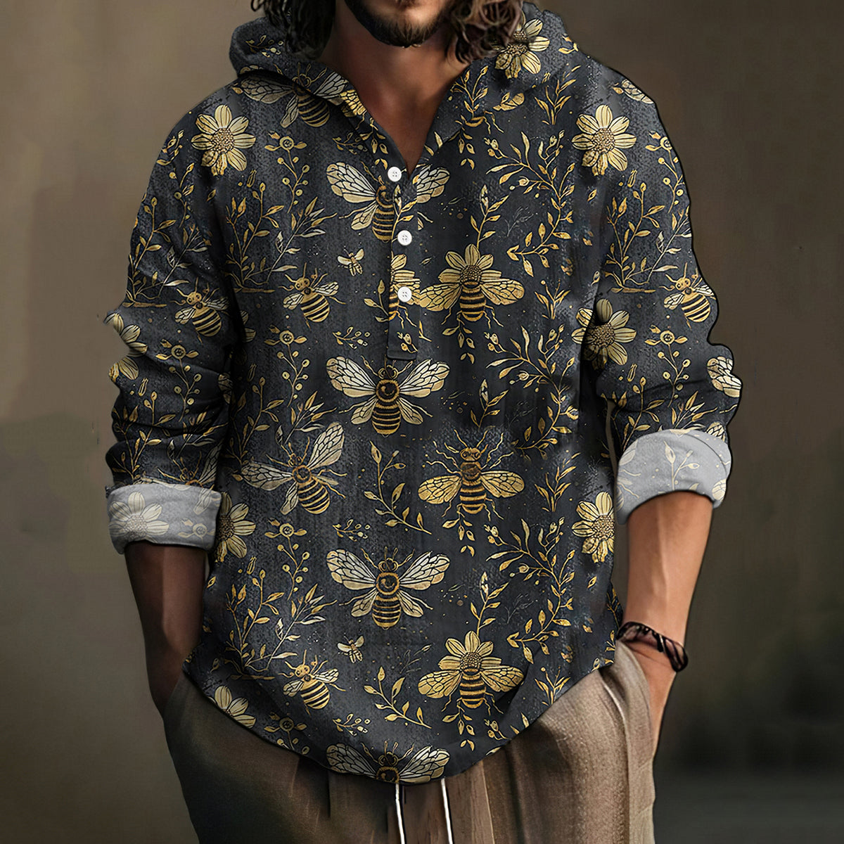 Men's Bees And Flowers Botanical Art Print Linen Hooded Shirt