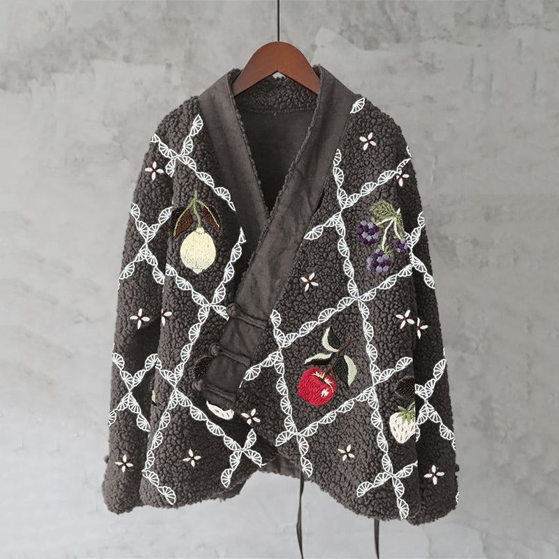 Japanese Floral Embroidery Print Plush Kimono Cardigan