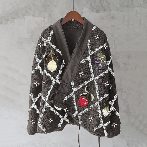Japanese Floral Embroidery Print Plush Kimono Cardigan