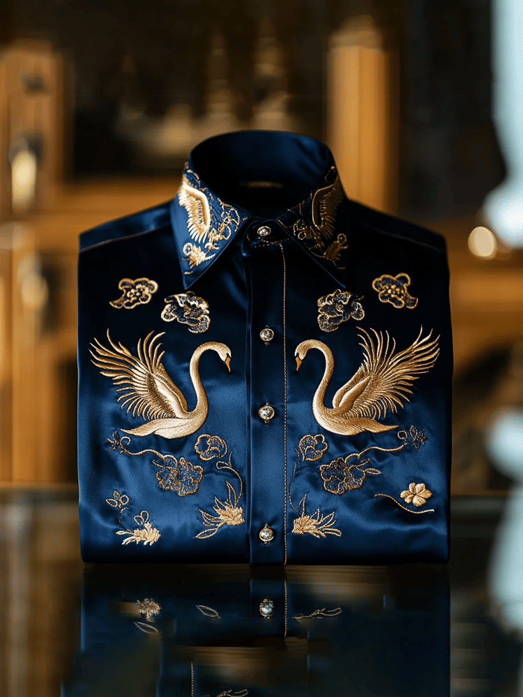 Men's Luxury Vintage Contrast Swan Long Sleeve Shirt