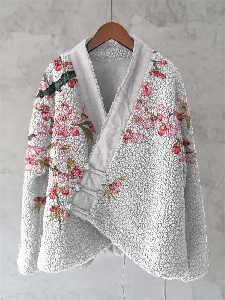 Vintage Ink And Wash Floral Art Cozy Fleece Kimono Cardigan