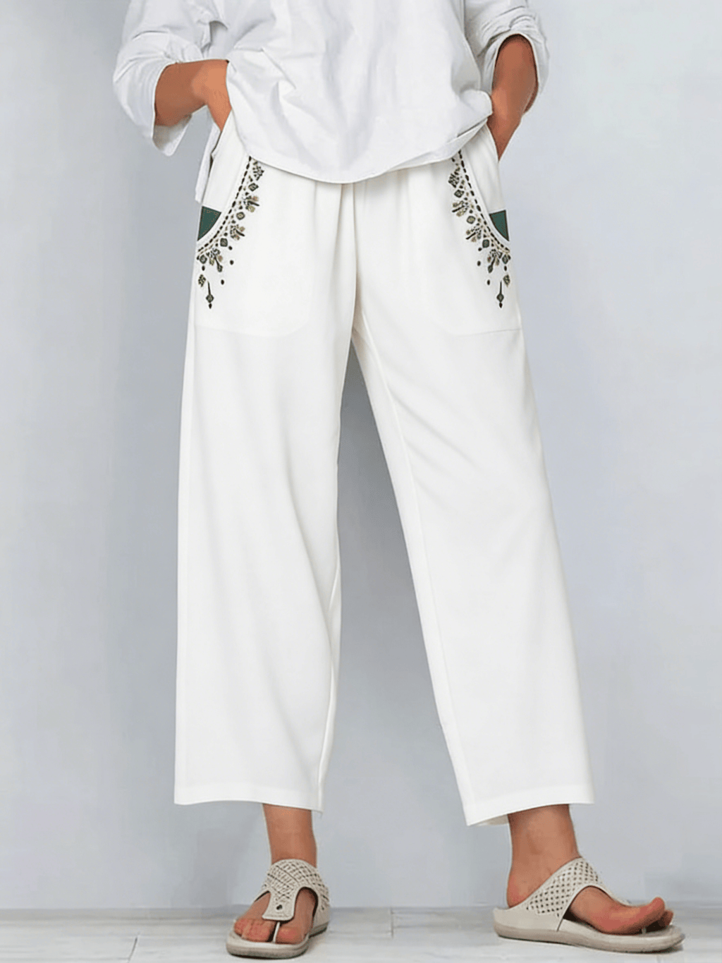 Women's Retro Color Block Floral Cotton Linen Pocket Casual Capri Pants