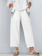 Women's Retro Color Block Floral Cotton Linen Pocket Casual Capri Pants