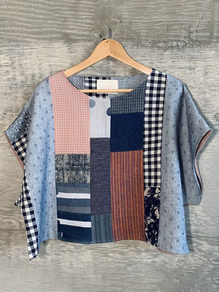 Women's Casual Cotton And Linen Floral Patchwork T-shirt
