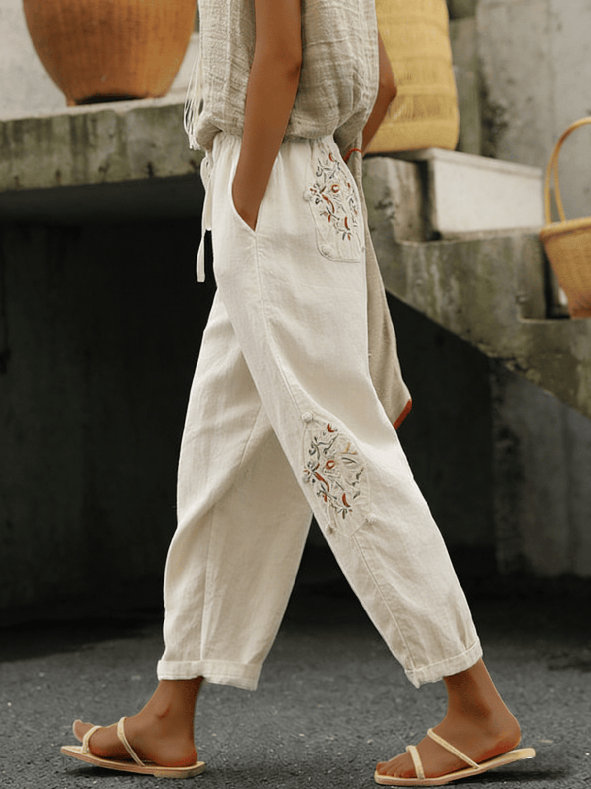 Women's Breathable Textured Cotton Linen Drawstring Cropped Pants