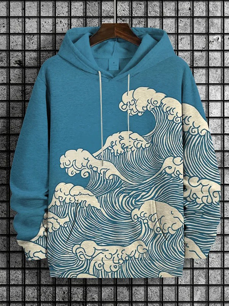 Men's Ocean Wave Japanese Woodblock Print Casual Hoodie