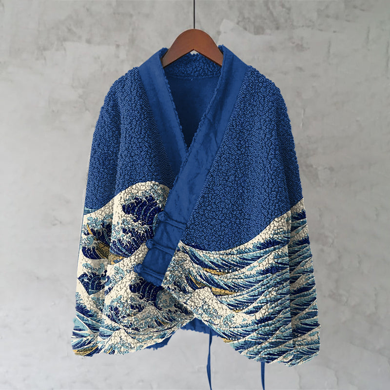 Japanese Sea Wave Lino Art Cozy Fleece Kimono Cardigan