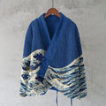 Japanese Sea Wave Lino Art Cozy Fleece Kimono Cardigan