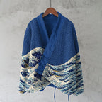 Japanese Sea Wave Lino Art Cozy Fleece Kimono Cardigan