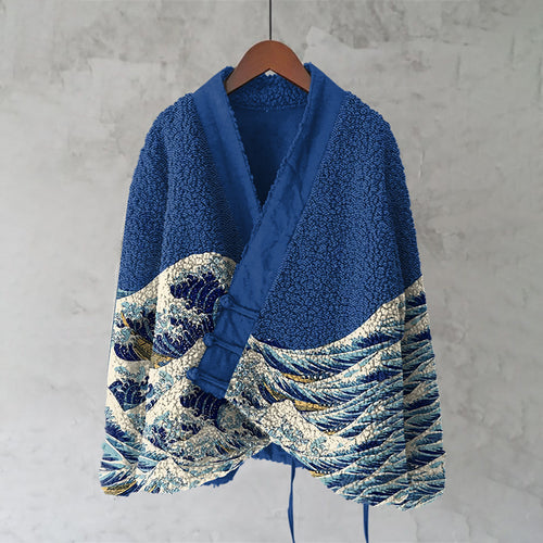 Japanese Sea Wave Lino Art Cozy Fleece Kimono Cardigan