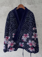 Japanese Cherry Blossom Line Embroidery Print Women'S Kimono Cardigan