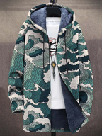 Retro Waves Art Print Long Sleeve Hooded Cardigan Jacket