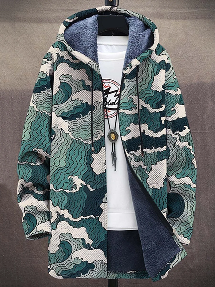 Retro Waves Art Print Long Sleeve Hooded Cardigan Jacket